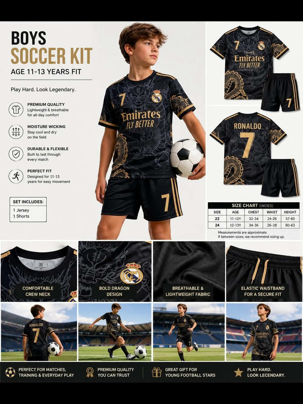 Boys Ronaldo #7 Soccer Jersey & Shorts Set | Black & Gold Dragon Design |